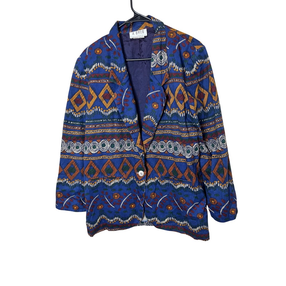 Vintage A Byer California Women's Blue Geometric Print Blazer Jacket Size L